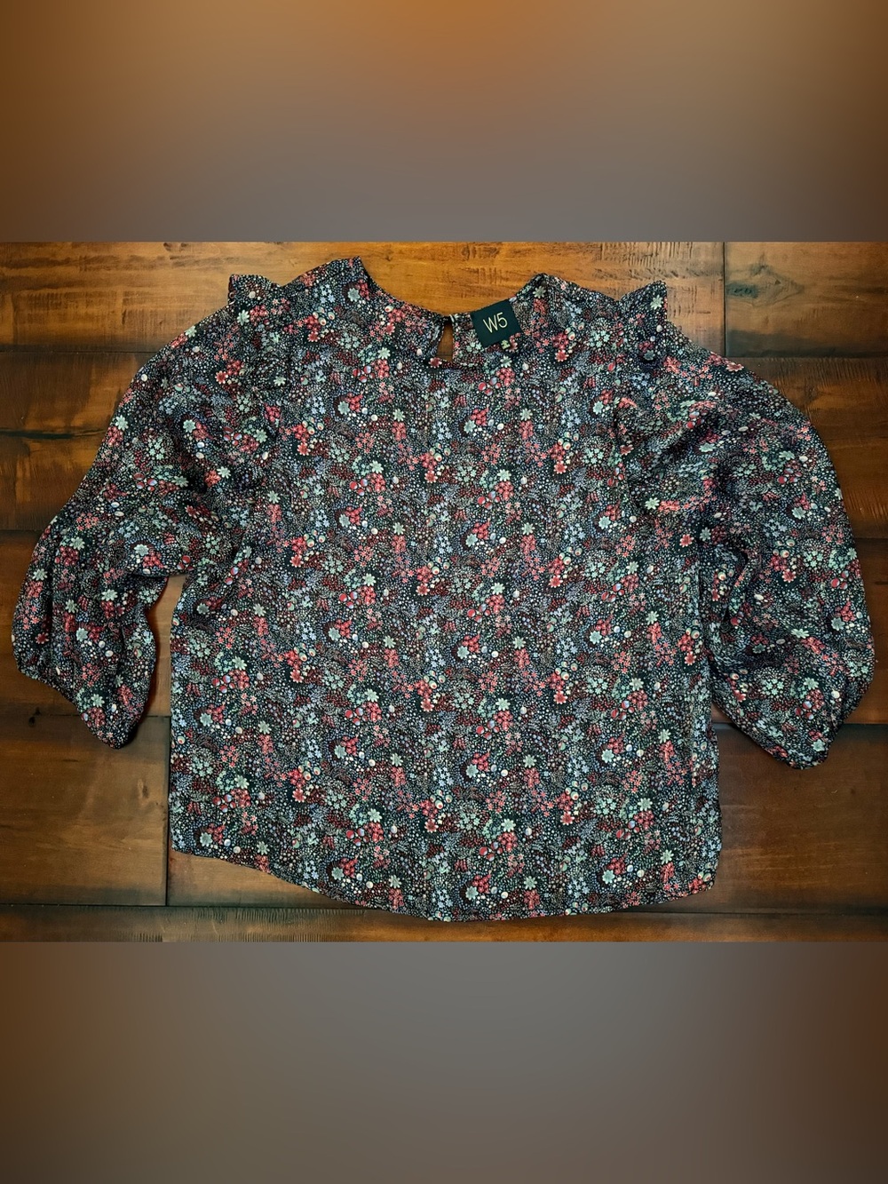 W5 Black Floral Blouse with Gold Threading, Red & Mint Accents